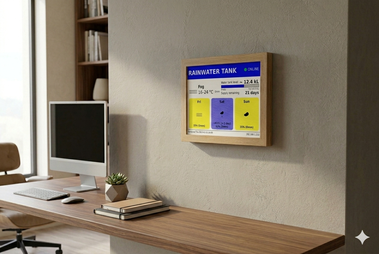 HydroSentry eInk display — 4-inch 6-colour Waveshare panel showing ONLINE status, current weather, tank level bar, and 3-day forecast cards